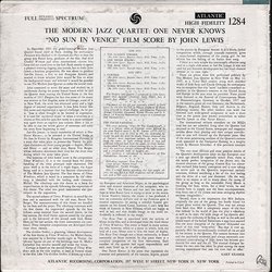 No Sun In Venice Soundtrack (John Lewis, John Lewis & Modern Jazz Quartet) - CD Trasero